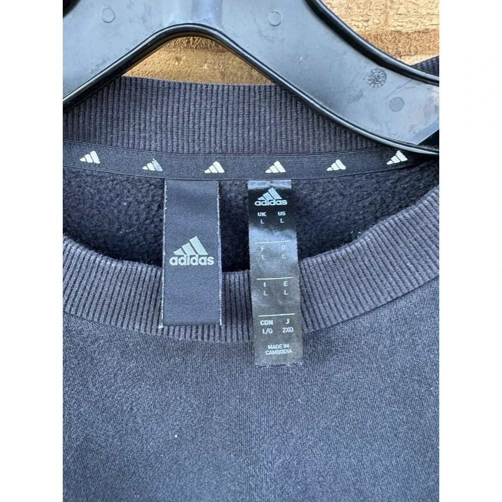 Adidas Three Stripes Black Sweatshirt With White Logo Words On Sleeves Size Larg